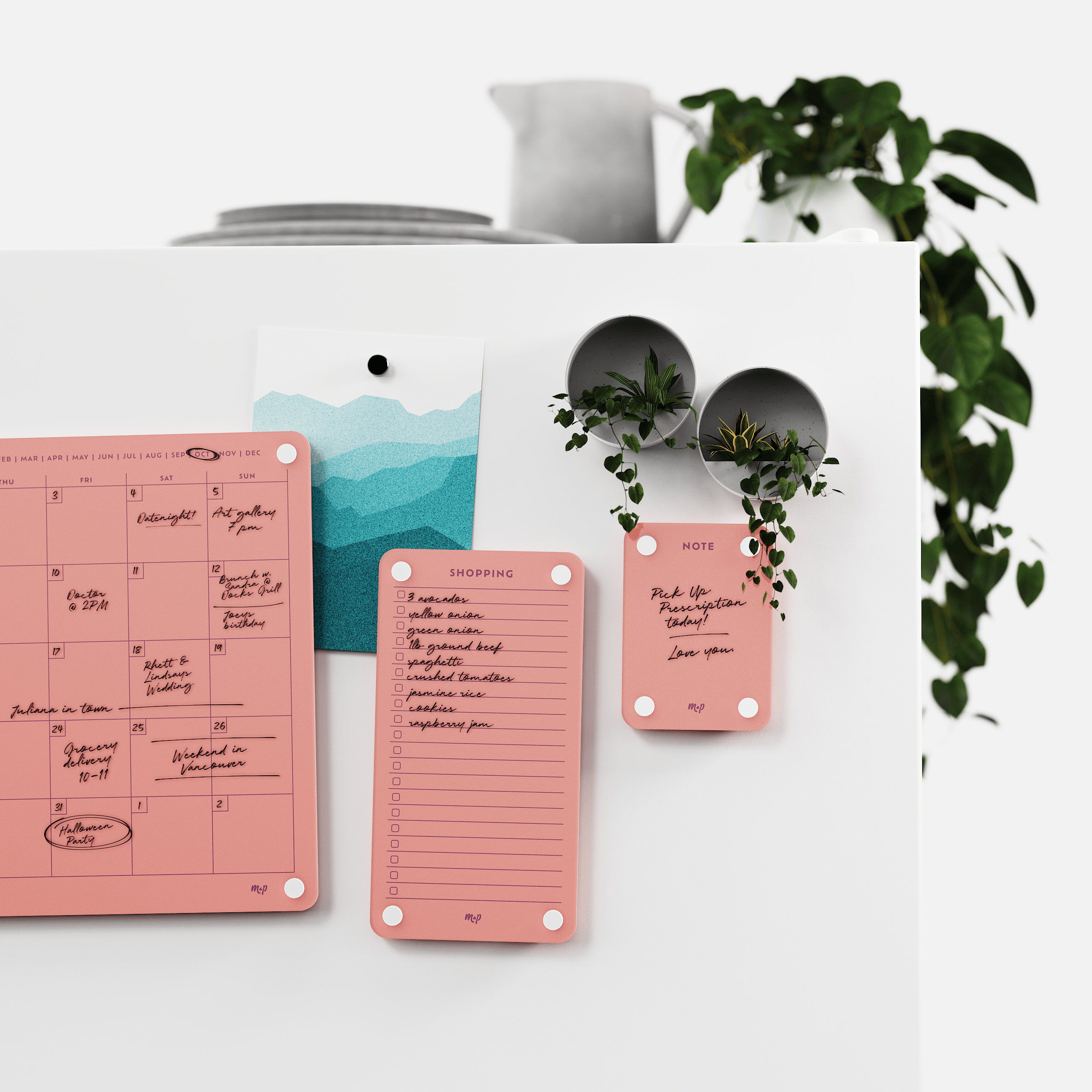Coral monthly calendar, shopping list and note board on a white kitchen wall with magnetic planters